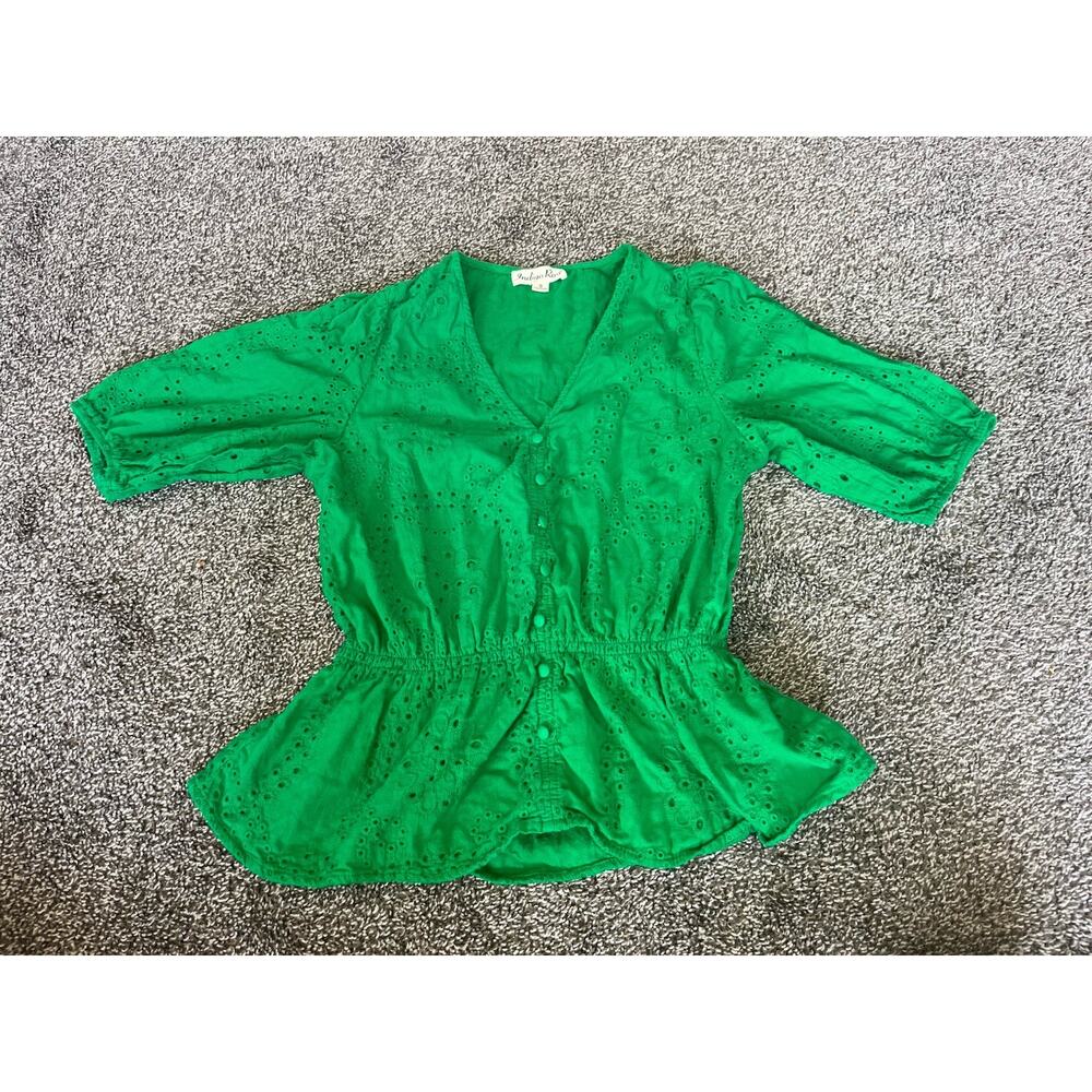 Indigo Rose Shirt Ruffled Tiered Bohemian Feminine Green Eyelet Top Small K